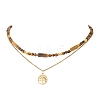 Tree of Life 304 Stainless Steel Pendant Cable Chain and Natural Tiger Eye Rectangle Round Beaded Double Layer Necklaces NJEW-JN05713-1