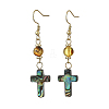 Cross Natural Amber & Abalone Shell/Paua Shell Dangle Earrings EJEW-JE07359-3