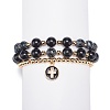 3Pcs 3 Style Natural Eyeless Obsidian & Crackle Agate & Brass Beaded Stretch Bracelets Set BJEW-JB08833-1