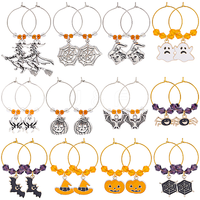 24Pcs 12 Styles Halloween Witch & Bat & Spider & Pumpkin & Ghost Alloy Dangle Wine Glass Charms with Glass Beads AJEW-BC0003-11-1