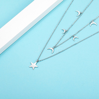 Elegant Double-layer 304 Stainless Steel Moon Star Pendant Necklaces for Women LZ1319-2-1