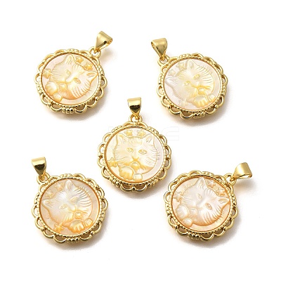 Brass Pave Natural Yellow Shell Carved Cat Pendants KK-Z091-08G-01-1