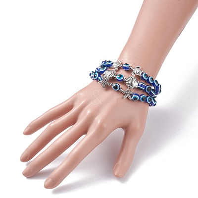 3Pcs 3 Style Evil Eye Resin Beaded Stretch Bracelets Set with Sea Turtle & Starfish & Shell for Women BJEW-JB07542-1