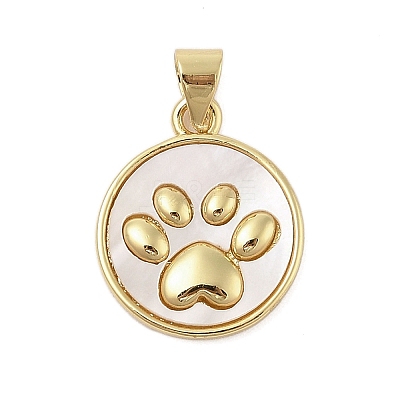 Dog Paw Print Rack Plating Brass with Natural Shells Pendants X-KK-Z074-25G-1