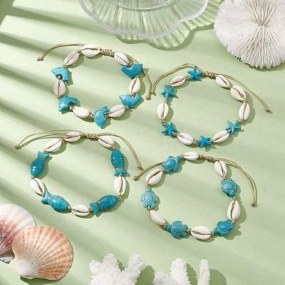 Natural Mixed Cowrie Shell with Synthetic Turquoise Beaded Anklets AJEW-AN00596-1