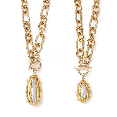 Electroplated Baroque Natural Keshi Pearl Oval Pendant 304 Stainless Steel Figaro Chain Necklaces with OT Clasps for Women NJEW-JN06296-1