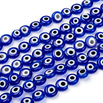 Handmade Evil Eye Lampwork Flat Round Bead Strands X-LAMP-L058-8mm-04-1