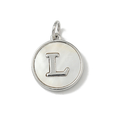Brass Pave Natural Shell Flat Round with Letter Charms KK-Z115-13P-L-1