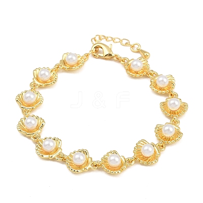 Brass & White Round ABS Plastic Pearl Shell Shape Link Chain Bracelets for Women BJEW-L707-03G-1