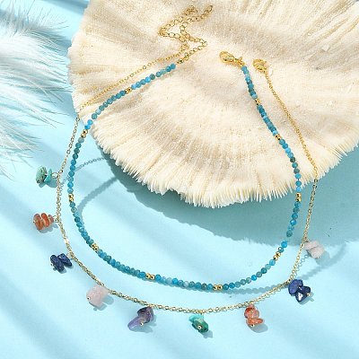 2Pcs 2 Style Natural & Synthetic Mixed Gemstone Chip Beaded Bib Necklaces Set NJEW-TA00106-1