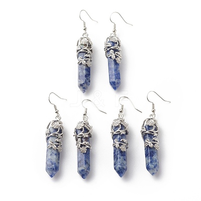 Natural Blue Spot Jasper Bullet with Flower Dangle Earrings EJEW-G300-02P-13-1