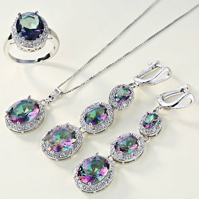 Oval Alloy Colorful Cubic Zirconia Pendant Necklaces & Hoop Earrings & Rings Sets FS-WG3A4EE-04-1