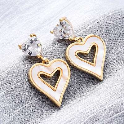 Heart Brass Micro Pave Clear Cubic Zirconia Dangle Stud Earrings KK-D363-12D-G-1