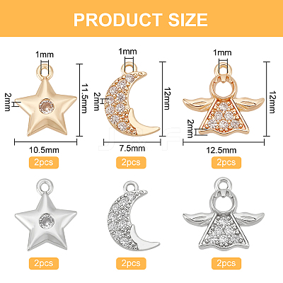 12Pcs 6 Style Rack Plating Brass Micro Pave Clear Cubic Zirconia Charms KK-BC0009-92-1
