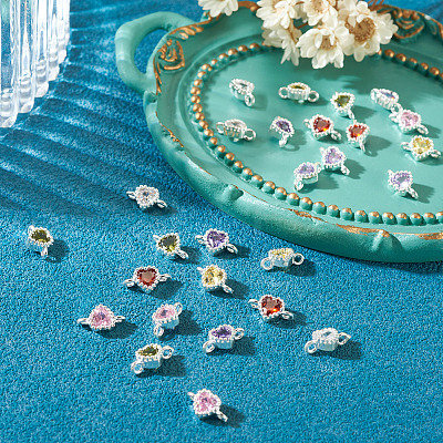28Pcs 7 Colors Brass Pave Cubic Zirconia Heart Links Connector Charms KK-TA0003-47-1