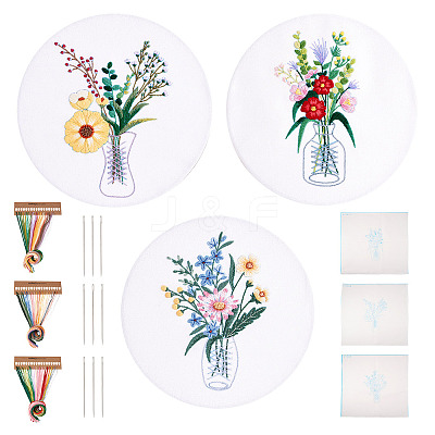 3Pcs 3 Style Vase & Flower Pattern DIY Display Decoration Embroidery Beginner Kit DIY-TA0006-16-1