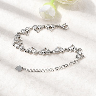 Heart Brass Micro Pave Cubic Zirconia Link Chain Bracelets BJEW-L715-01P-01-1