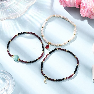 3Pcs Natural Cultured Freshwater Pearl & Black Onyx & Garnet & Amazonite Beads Stretch Bracelets Sets BJEW-JB12365-1