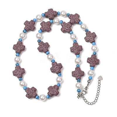 Dyed Natural Lava Rock & Round Synthetic Turquoise & Imitation Pearl Beaded Necklaces GG-CBA922D-07A-1