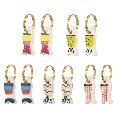 Handmade Porcelain & 316L Surgical Stainless Steel Hoop Dangle Earrings EJEW-JE07530-1