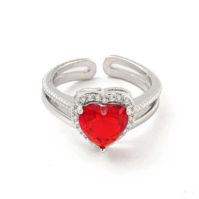 Heart Brass Micro Pave Cubic Zirconia Open Cuff Rings RJEW-G309-47P-01-1