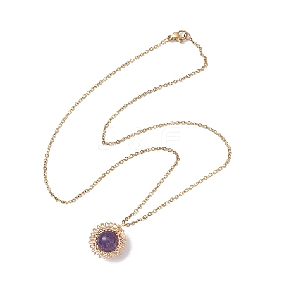 Natural Amethyst & Green Aventurine & Rose Quartz & Lapis Lazuli & Carnelian Copper Wire Wrapped Flower Pendant 304 Stainless Steel Cable Chain Necklaces for Women NJEW-JN05616-1
