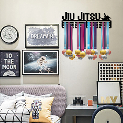 Word JIU JITSU Fashion Iron Medal Hanger Holder Display Wall Rack ODIS-WH0021-038-1