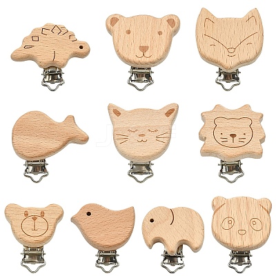10Pcs 10 Styles Beech Wood Baby Pacifier Holder Clips WOOD-YW0001-94-1