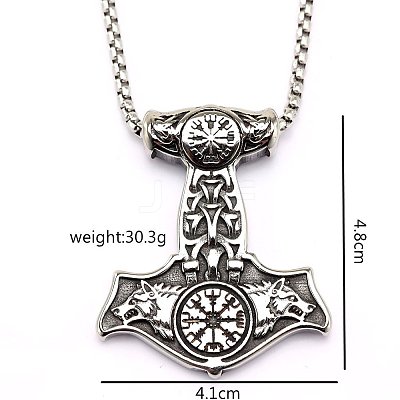 304 Stainless Steel Viking Double Wolf Head Hammer Pendant Box Chain Necklaces for Men WGEA97A-01-1