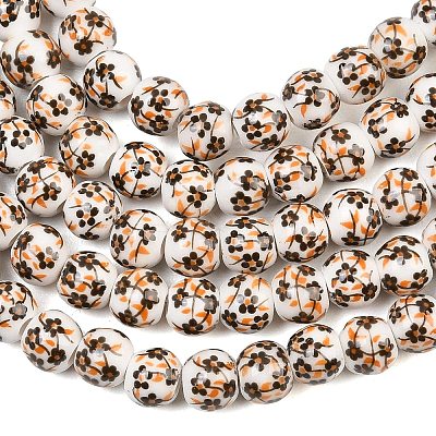 Handmade Flower Printed Porcelain Ceramic Beads Strands PORC-M005-6mm-08-1