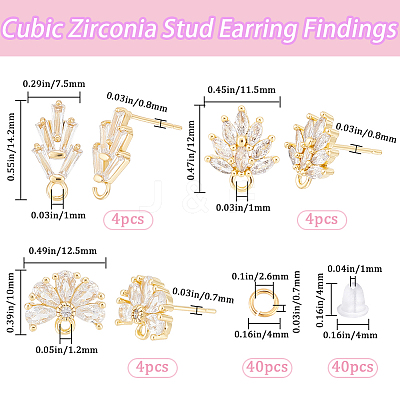 6 Pairs 3 Style Flower Brass Cubic Zirconia Stud Earring Findings KK-CN0003-19-1