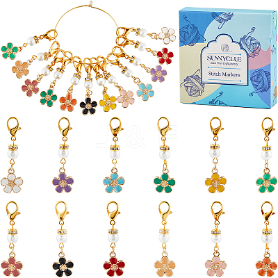 24Pcs 12 Colors Flower Alloy Enamel Pendant Locking Stitch Markers HJEW-SC00030-1
