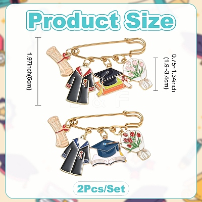 2Pcs Graduation & Tulip Charm Alloy Enamel Safety Pin Brooches JEWB-YW00003-1