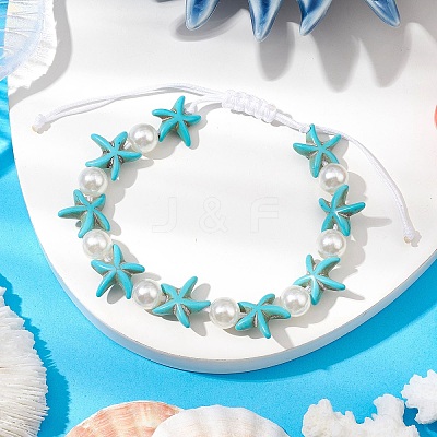 Starfish Synthetic Turquoise & Acrylic Pearl Braided Bead Bracelets for Women BJEW-JB11263-01-1