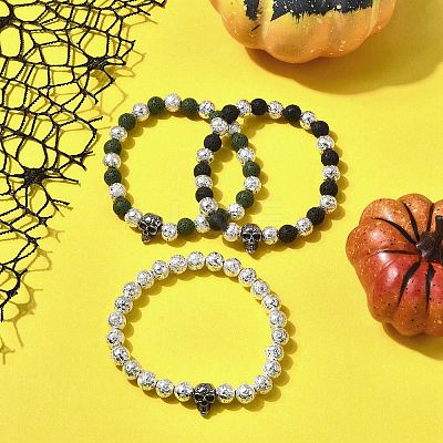 3Pcs 3 Colors Halloween Dyed & Electroplated Natural Lava Rock Round Beads Stretch Bracelets for Men BJEW-JB12332-1