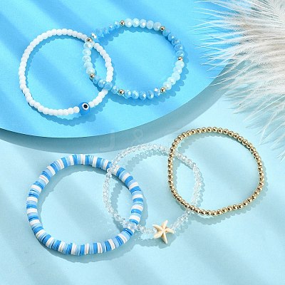 5Pcs 5 Style Polymer Clay Heishi Surfer Stretch Bracelets Set BJEW-TA00353-1