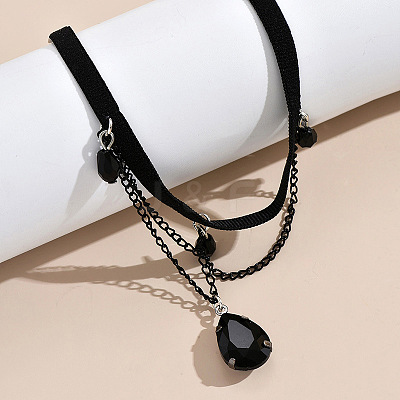 Glass Teardrop Tassel Alloy Chain Velvet Cord Anklets for Women FS-WGE307F-01-1