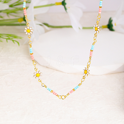 Bohemian Beach Vacation Brass Enamel Sunflower Handmade Link Chain Necklaces Women's Date Gift HM4276-1