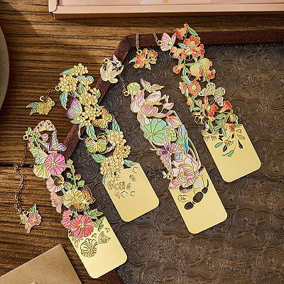 4Pcs 4 Styles Brass & Iron Enamel Bookmarks with Chain AJEW-SP0002-23C-1