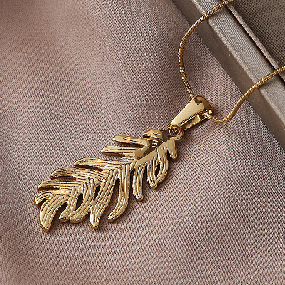 304 Stainless Steel Crystal Rhinestone Leaf Pendant Necklace for Women EA5078-1