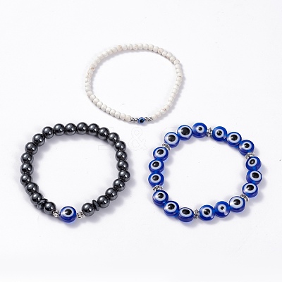 3Pcs 3 Style Synthetic Turquoise(Dyed) & Hematitie Round Beaded Stretch Bracelets Set BJEW-JB07620-1