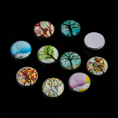 Tree of Life Printed Half Round/Dome Glass Cabochons GGLA-A002-16mm-GG-1