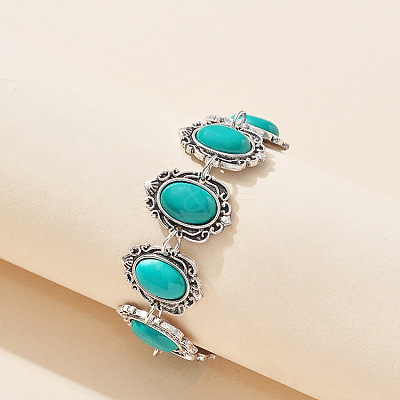 Bohemian Style Oval Synthetic Turquoise Pendant Necklace & Dangle Earrings & Link Bracelets FS-WGA6DB3-01-1