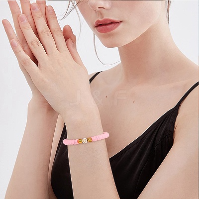 10Pcs 10 Style Handmade Polymer Clay Heishi Beaded Stretch Bracelets Set with Heart BJEW-SW00036-02-1