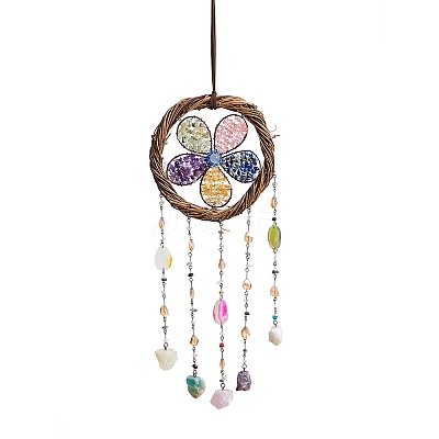 Copper Wire Wrapped Flower Natural & Synthetic Mixed Stone Chips Suncatchers HJEW-F027-05-1