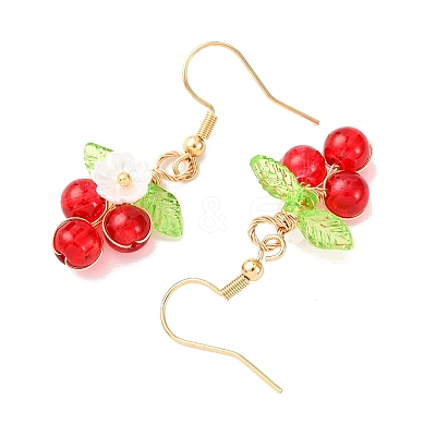 Flower with Round Acrylic & Glass Bead Dangle Earrings EJEW-JE06634-1