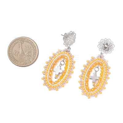 Cross Oval Glass Seed Bead Woven Stud Earrings EJEW-MZ00595-02-1