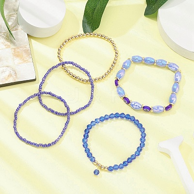 5Pcs 5 Style Glass & Lampwork Evil Eye Stretch Bracelets Set BJEW-JB09619-05-1