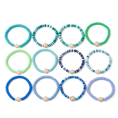 12Pcs 12 Color Polymer Clay Heishi Surfer Stretch Bracelets Set BJEW-JB09731-1