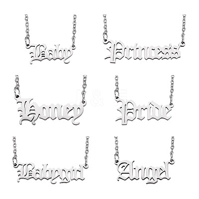 6Pcs 6 Style 304 Stainless Steel Word Pendant Necklace NJEW-KS0001-06P-1